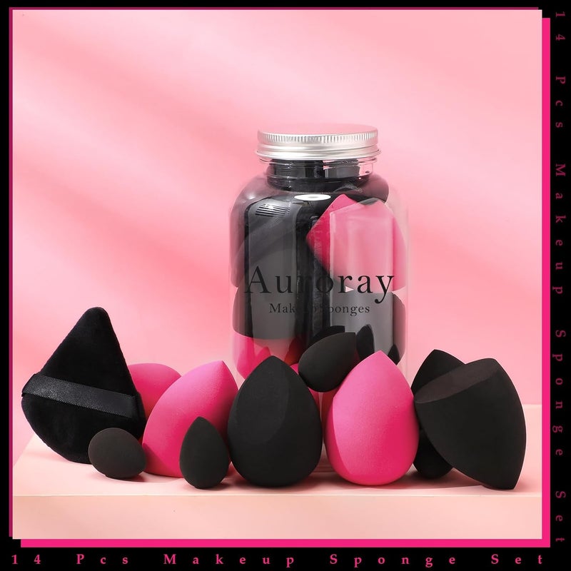AuraRay 14 Pcs Makeup Sponges,Beauty Sponges Blender with 4 Pcs Powder Puff and 4 Pcs Mini Make up Sponges Valentine's Day Gift,Mother's Day Gift for Women Liquid,Foundation,Powder,Concealer(Black,Hot pink) - Image 5